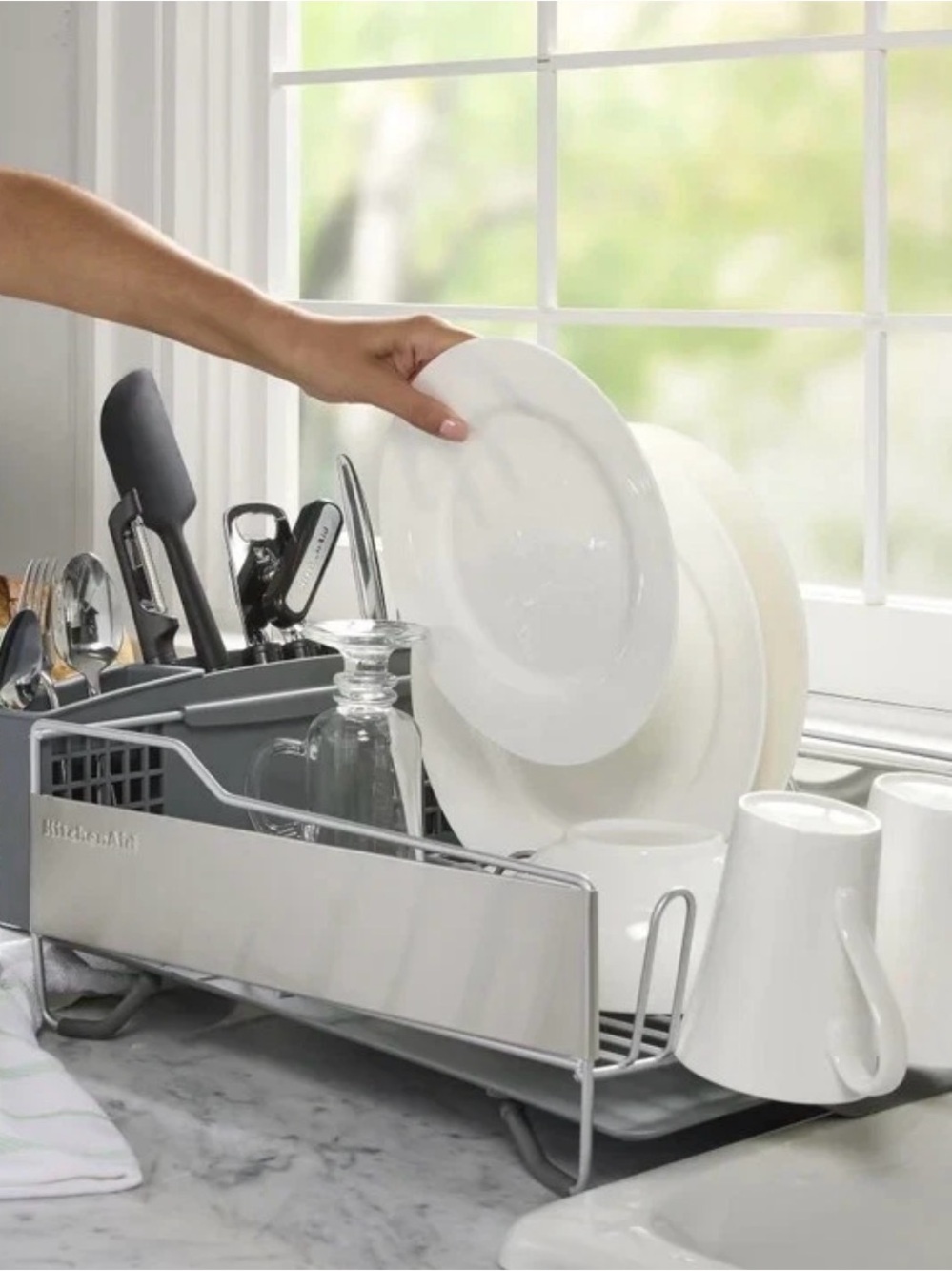 KitchenAid Full Size Stainless Steel Dish Rack with Removable Flatware Caddy New